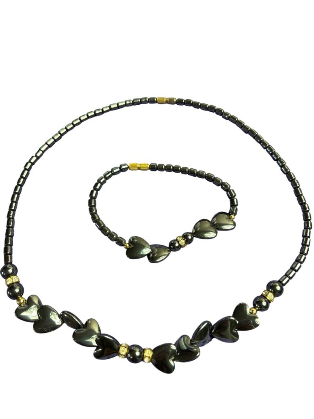 Vintage Hematite Beaded Hearts Necklace & Bracelet Set Goldtone Clear Rhinestone